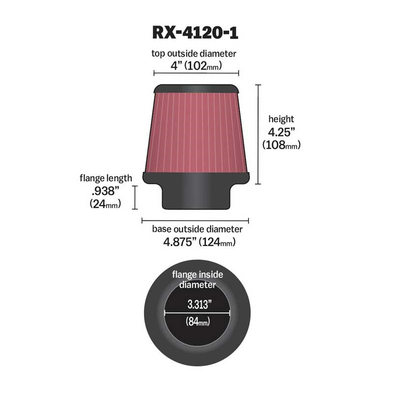 KN-Universal-X-Stream-Clamp-On-Air-Filter-3.313In-Flg-Id4.875In-Base-Od4In-Top-Od4.25In-H