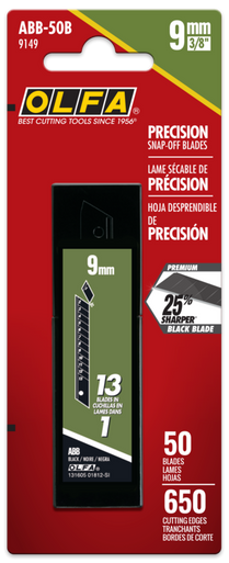 OLFA ABB-50B ABB-10B 9mm Ultra-Sharp Black Precision Snap Blades, Pack of 50
