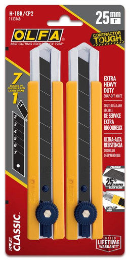 OLFA H-1BB/CP2 Promo Pack - 25mm Classic Rubber Grip Inset Ratchet-Lock Extra Heavy-Duty Utility Knife with HBB Ultra-Sharp Black Blade, Pack of 2