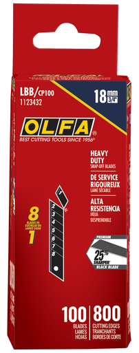 OLFA LBB/CP100 18mm Ultra-Sharp Black Heavy-Duty Snap Blade, Pack of 100