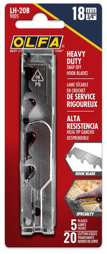 OLFA LH-20B 18mm Silver Heavy-Duty Hook Snap Blade, Pack of 5