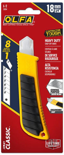 OLFA L-2 18mm Classic Rubber Grip Inset Ratchet-Lock Heavy-Duty Utility Knife with LB Silver Snap Blade