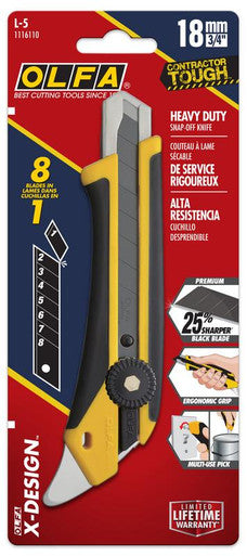OLFA L-5 18mm X-Design Fiberglass Ratchet-Lock Heavy-Duty Utility Knife with Multi-Pick and LBB Ultra-Sharp Black Blade