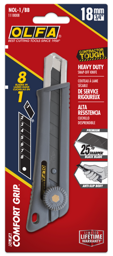OLFA NOL-1/BB 18mm Rubber-Grip Ratchet-Lock Heavy-Duty Utility Knife with LBB Ultra-Sharp Black Blade
