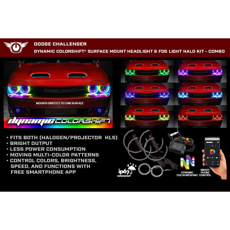 Oracle-15-23-Dodge-Challenger-Dynamic-Surface-Mount-HeadlightFog-Light-Halo-Kit-Combo---Colorshift