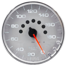 Load image into Gallery viewer, AutoMeter P23021 GAUGE, SPEEDOMETER, 5", 180 MPH, ELEC. PROGRAMMABLE, SILVER/CHROME, SPEK-PRO