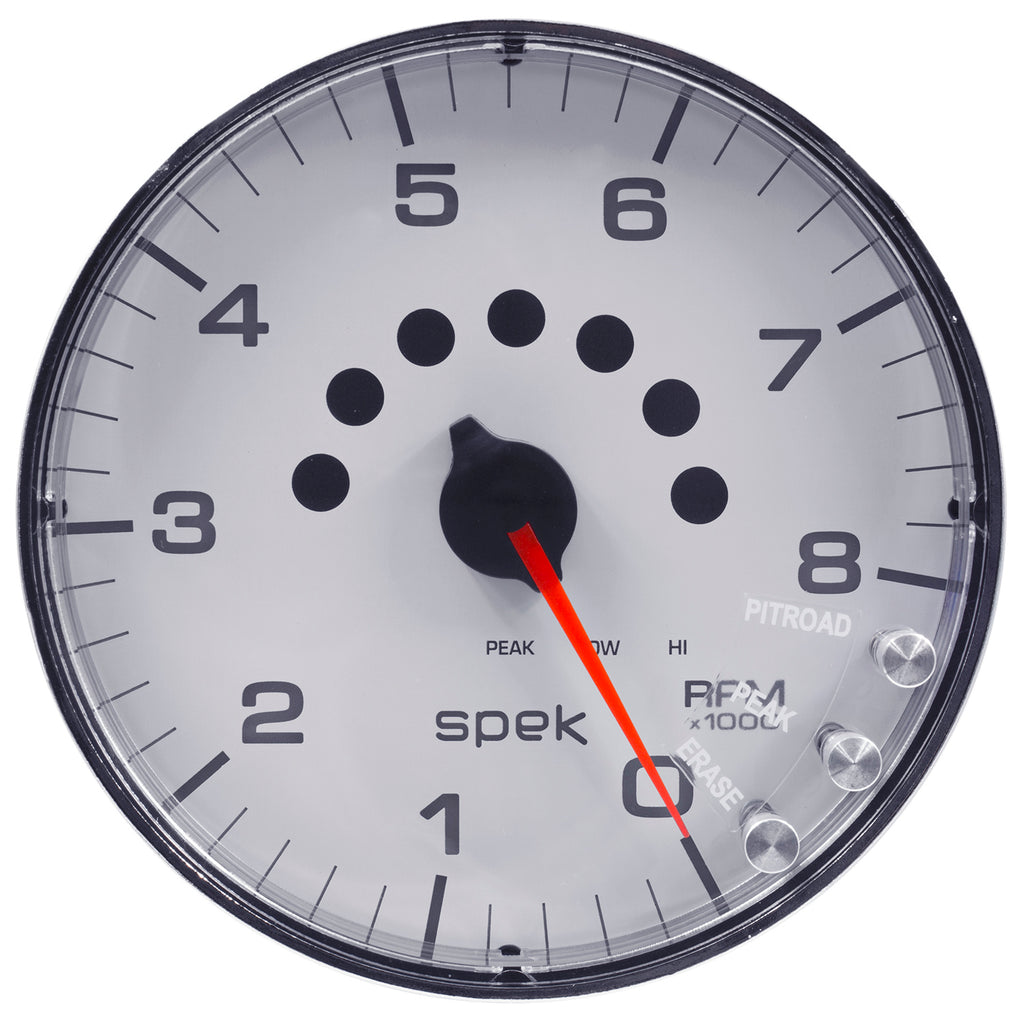 AutoMeter P238118 GAUGE, TACHOMETER, 5", 8K RPM, W/SHIFT LIGHT & PEAK MEM, WHITE/CHROME, SPEK-PRO