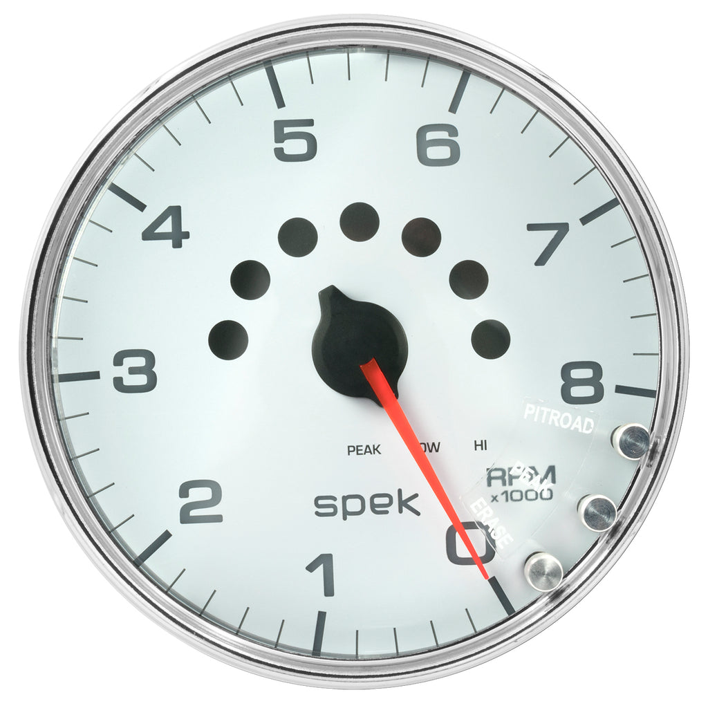 AutoMeter P23811 GAUGE, TACHOMETER, 5", 8K RPM, W/SHIFT LIGHT & PEAK MEM, WHITE/CHROME, SPEK-PRO