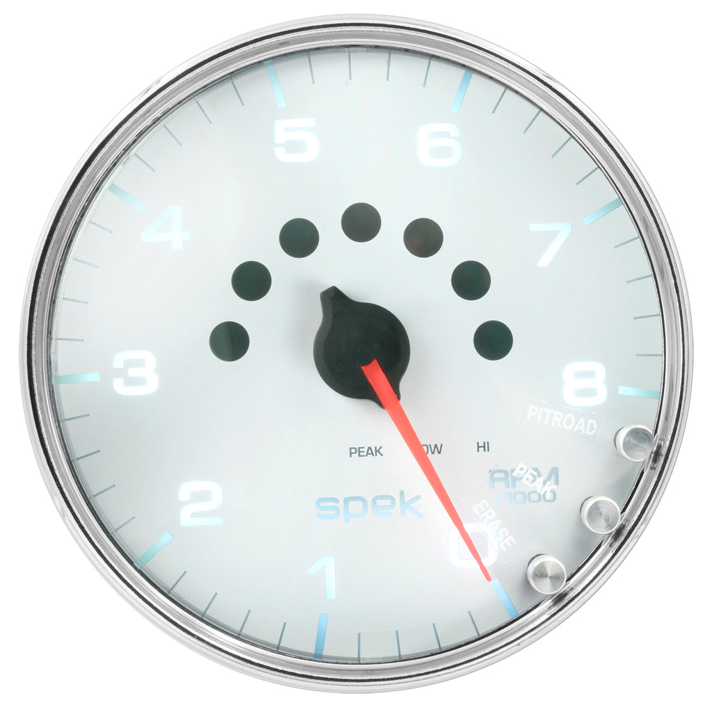 AutoMeter P23811 GAUGE, TACHOMETER, 5", 8K RPM, W/SHIFT LIGHT & PEAK MEM, WHITE/CHROME, SPEK-PRO