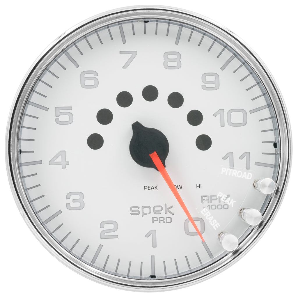 AutoMeter P23911 GAUGE, TACHOMETER, 5", 11K RPM, W/SHIFT LIGHT & PEAK MEM, WHITE/CHROME, SPEK-PRO
