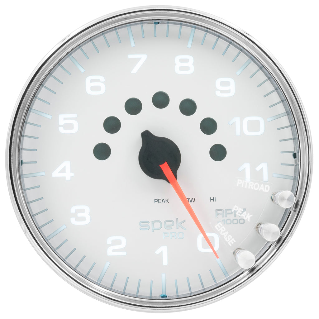AutoMeter P23911 GAUGE, TACHOMETER, 5", 11K RPM, W/SHIFT LIGHT & PEAK MEM, WHITE/CHROME, SPEK-PRO