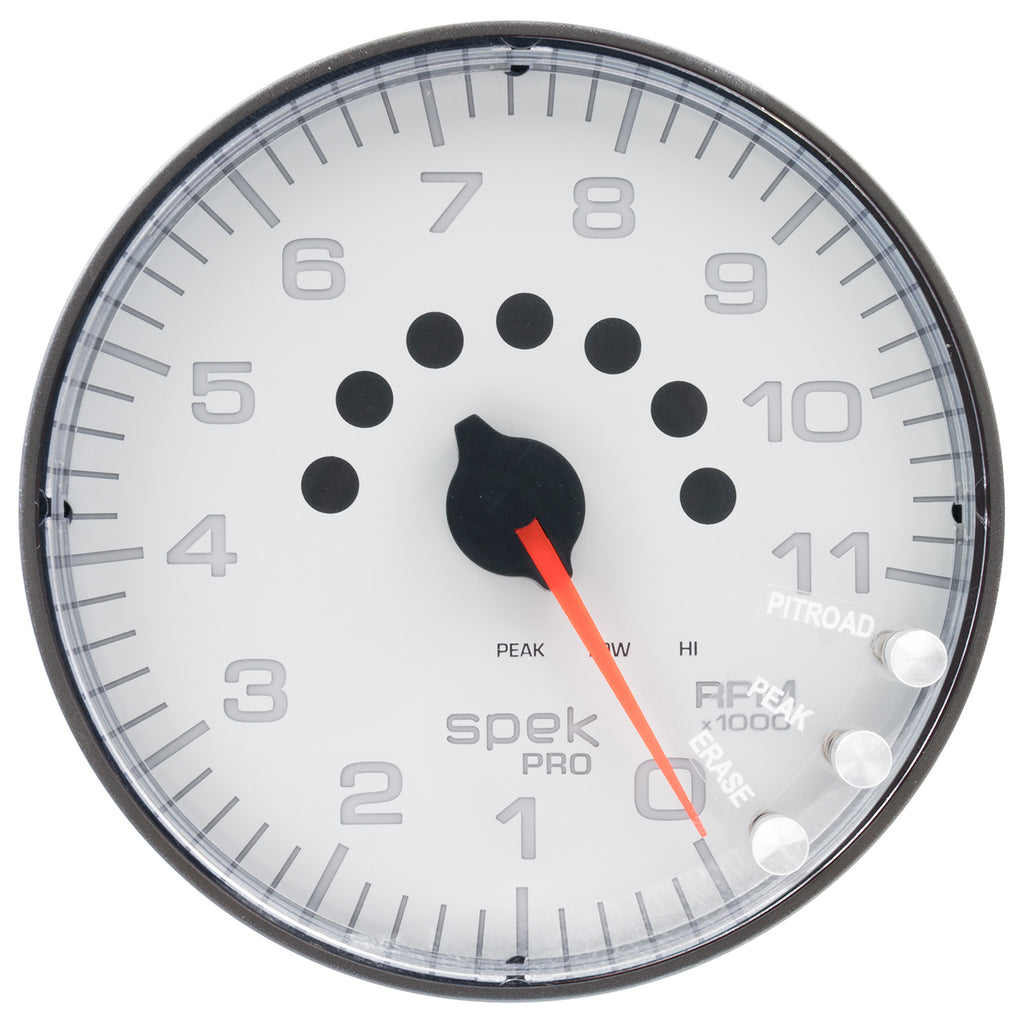 AutoMeter P239128 GAUGE, TACHOMETER, 5", 11K RPM, W/SHIFT LIGHT & PEAK MEM, WHITE/BLACK, SPEK-PRO