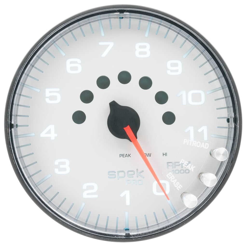 AutoMeter P23912 GAUGE, TACHOMETER, 5", 11K RPM, W/SHIFT LIGHT & PEAK MEM, WHITE/BLACK, SPEK-PRO
