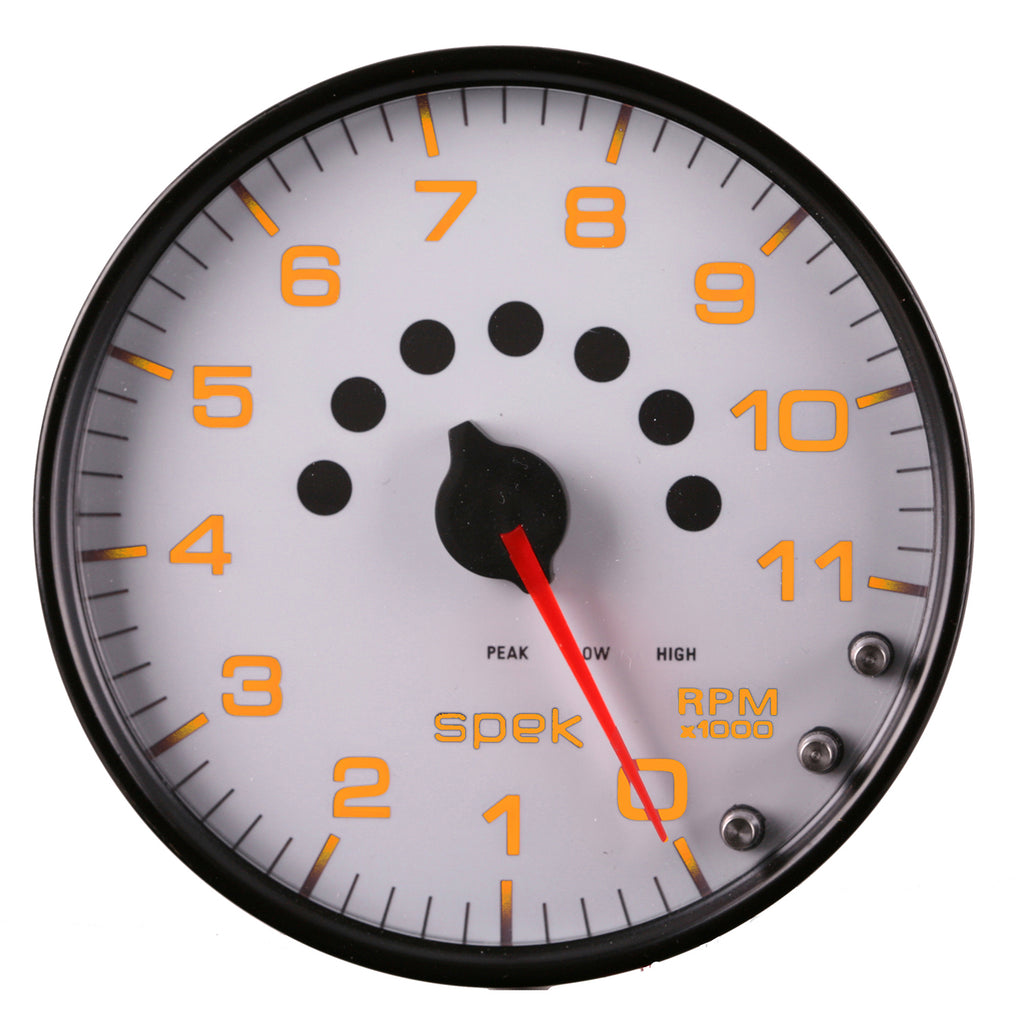 AutoMeter P23912 GAUGE, TACHOMETER, 5", 11K RPM, W/SHIFT LIGHT & PEAK MEM, WHITE/BLACK, SPEK-PRO