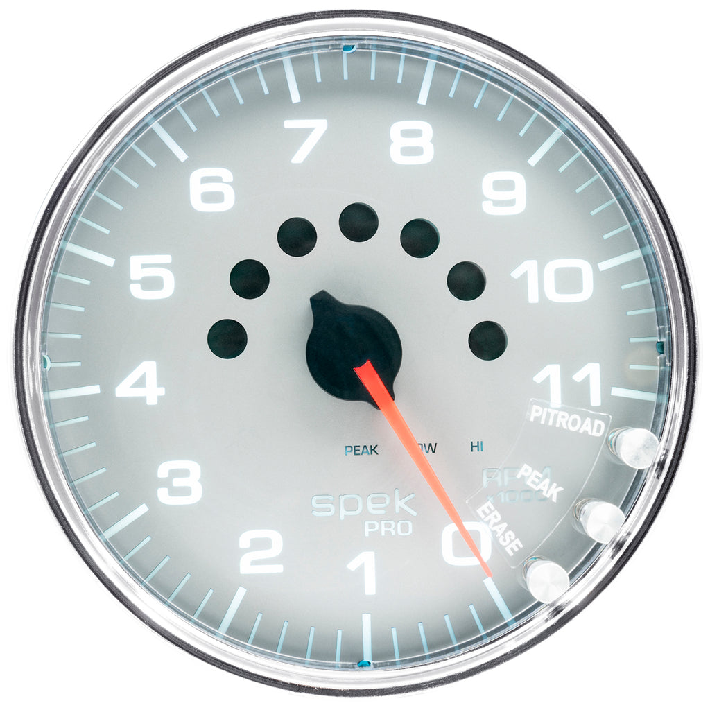 AutoMeter P23921 GAUGE, TACHOMETER, 5", 11K RPM, W/SHIFT LIGHT & PEAK MEM, SILVER/CHROME, SPEK