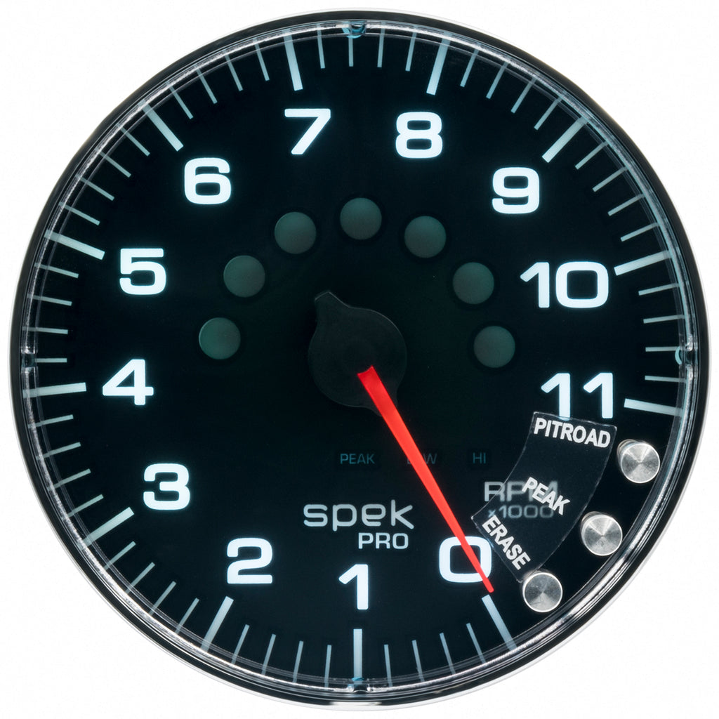 AutoMeter P239318 GAUGE, TACHOMETER, 5", 11K RPM, W/SHIFT LIGHT & PEAK MEM, BLACK/CHROME, SPEK-PRO