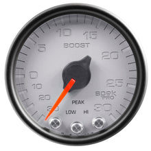 Load image into Gallery viewer, AutoMeter P30222 GAUGE, VAC/BOOST, 2 1/16", 30INHG-30PSI, STEPPER MTR W/PK &amp; WRN,SLVR/BLK, SPEK