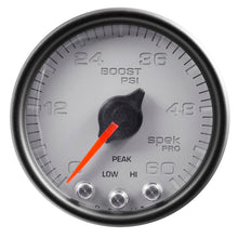 Load image into Gallery viewer, AutoMeter P30422 GAUGE, BOOST, 2 1/16", 60PSI, STEPPER MOTOR W/PEAK &amp; WARN, SLVR/BLK, SPEK-PRO