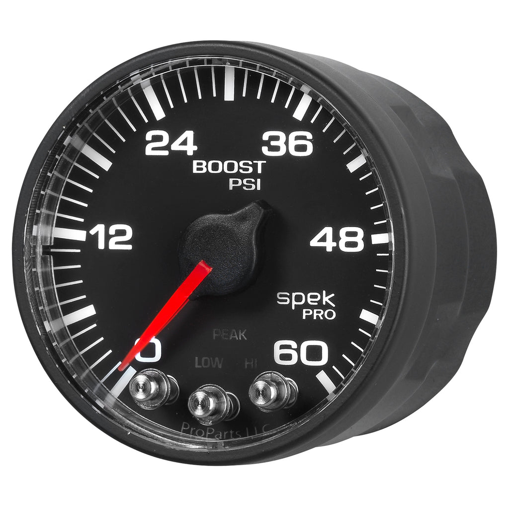 AutoMeter P304328 GAUGE, BOOST, 2 1/16", 60PSI, STEPPER MOTOR W/PEAK & WARN, BLK/BLACK, SPEK-PRO