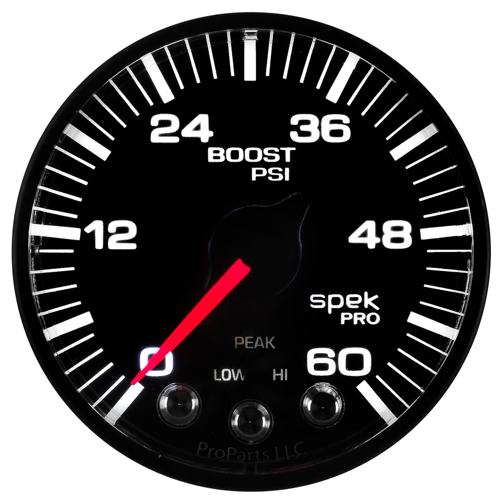 AutoMeter P304328 GAUGE, BOOST, 2 1/16", 60PSI, STEPPER MOTOR W/PEAK & WARN, BLK/BLACK, SPEK-PRO