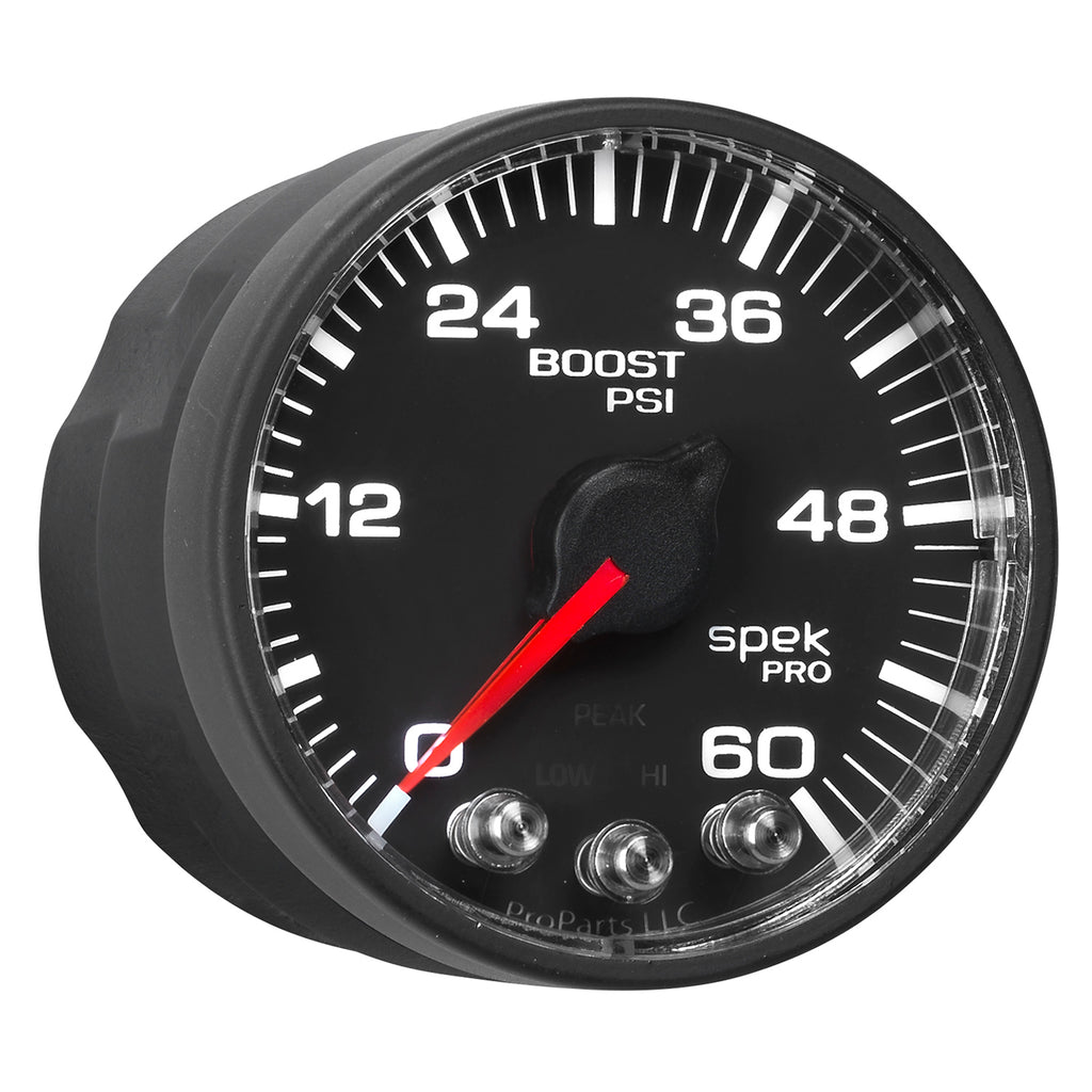 AutoMeter P304328 GAUGE, BOOST, 2 1/16", 60PSI, STEPPER MOTOR W/PEAK & WARN, BLK/BLACK, SPEK-PRO