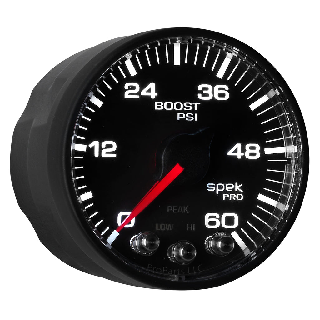 AutoMeter P304328 GAUGE, BOOST, 2 1/16", 60PSI, STEPPER MOTOR W/PEAK & WARN, BLK/BLACK, SPEK-PRO