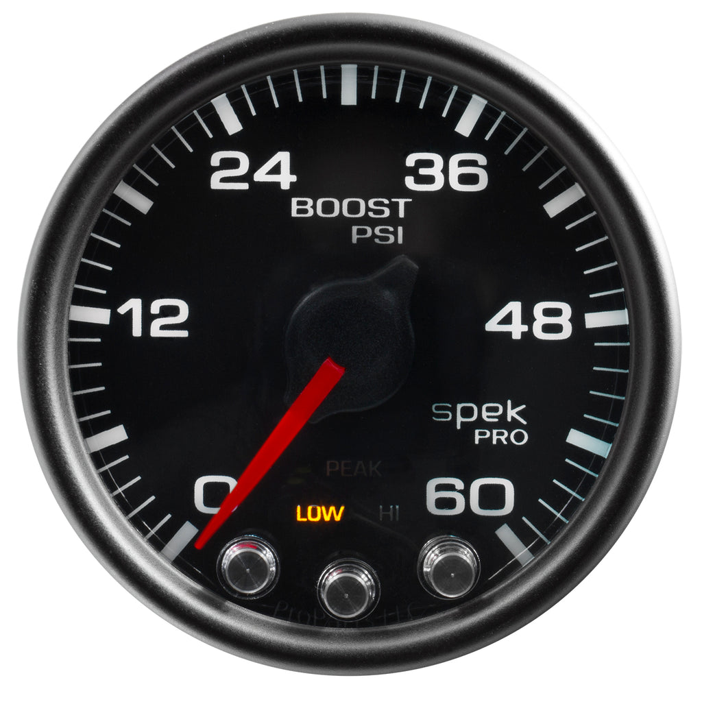 AutoMeter P30432 GAUGE, BOOST, 2 1/16", 60PSI, STEPPER MOTOR W/PEAK & WARN, BLK/BLACK, SPEK-PRO