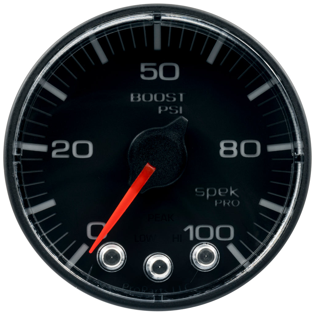 AutoMeter P305328 GAUGE, BOOST, 2 1/16", 100PSI, STEPPER MOTOR W/PEAK & WARN, BLK/BLK, SPEK-PRO