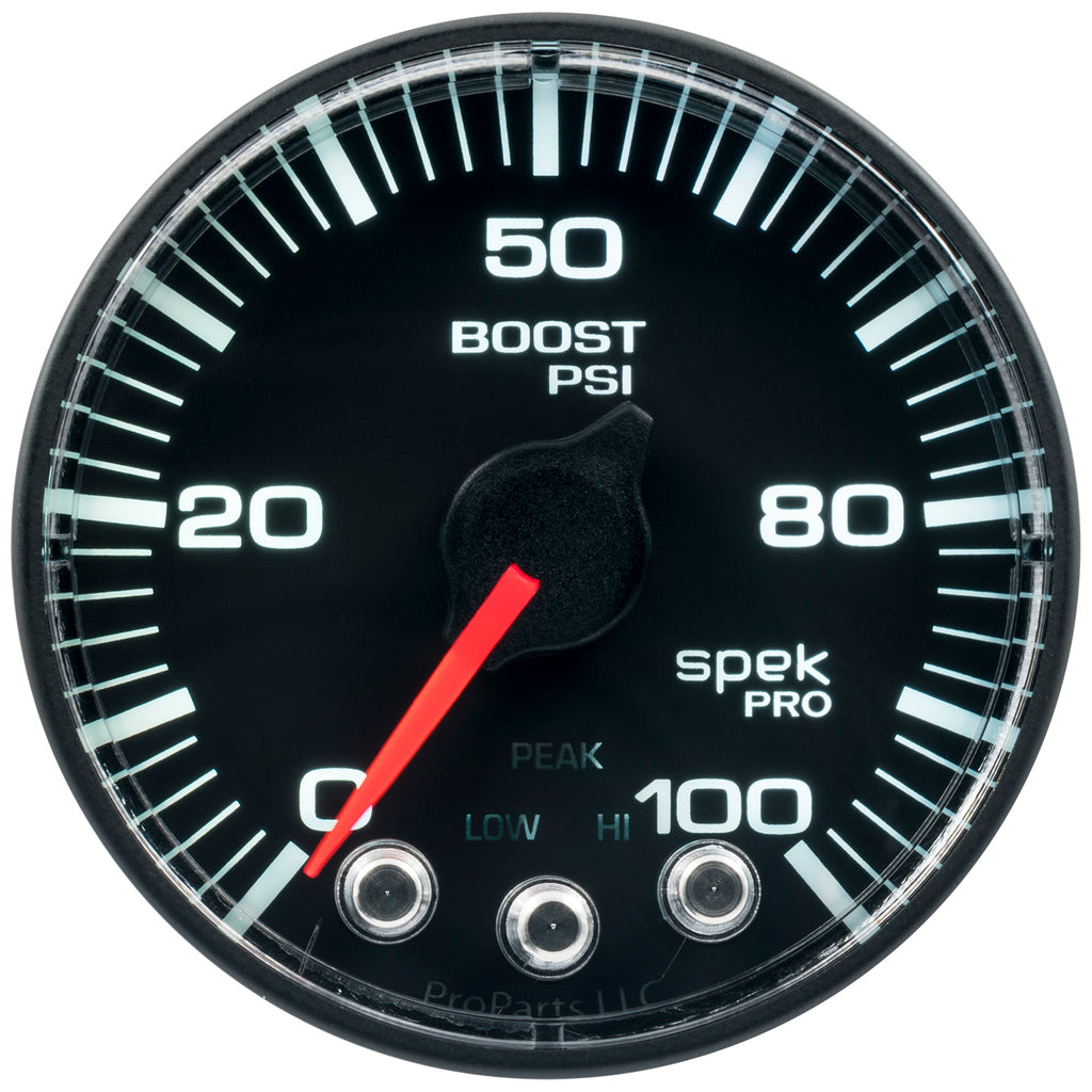 AutoMeter P305328 GAUGE, BOOST, 2 1/16", 100PSI, STEPPER MOTOR W/PEAK & WARN, BLK/BLK, SPEK-PRO