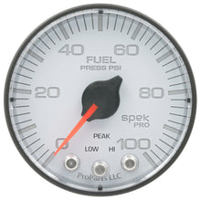 Load image into Gallery viewer, AutoMeter P314128 GAUGE, FUEL PRESS, 2 1/16", 100PSI, STEPPER MOTOR W/PEAK &amp; WARN, WHT/BLK, SPEK