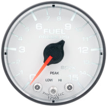 Load image into Gallery viewer, AutoMeter P315128 GAUGE, FUEL PRESS, 2 1/16", 15PSI, STEPPER MOTOR W/PEAK &amp; WARN, WHT/BLK, SPEK