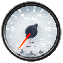 Load image into Gallery viewer, AutoMeter P31512 GAUGE, FUEL PRESS, 2 1/16", 15PSI, STEPPER MOTOR W/PEAK &amp; WARN, WHT/BLK, SPEK
