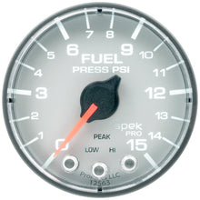 Load image into Gallery viewer, AutoMeter P315228 GAUGE, FUEL PRESS, 2 1/16", 15PSI, STEPPER MOTOR W/PEAK &amp; WARN, SLVR/BLK, SPEK