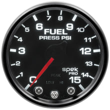 Load image into Gallery viewer, AutoMeter P31552 GAUGE, FUEL PRESS, 2 1/16", 15PSI, STEPPER MOTOR W/PK &amp; WRN, BLK/SMOKE/BLK, SPEK