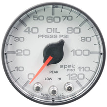 Load image into Gallery viewer, AutoMeter P325128 GAUGE, OIL PRESS, 2 1/16", 120PSI, STEPPER MOTOR W/PEAK &amp; WARN, WHT/BLK, SPEK