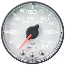 Load image into Gallery viewer, AutoMeter P325128 GAUGE, OIL PRESS, 2 1/16", 120PSI, STEPPER MOTOR W/PEAK &amp; WARN, WHT/BLK, SPEK