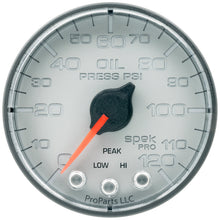 Load image into Gallery viewer, AutoMeter P325228 GAUGE, OIL PRESS, 2 1/16", 120PSI, STEPPER MOTOR W/PEAK &amp; WARN, SLVR/BLK, SPEK