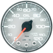 Load image into Gallery viewer, AutoMeter P325228 GAUGE, OIL PRESS, 2 1/16", 120PSI, STEPPER MOTOR W/PEAK &amp; WARN, SLVR/BLK, SPEK