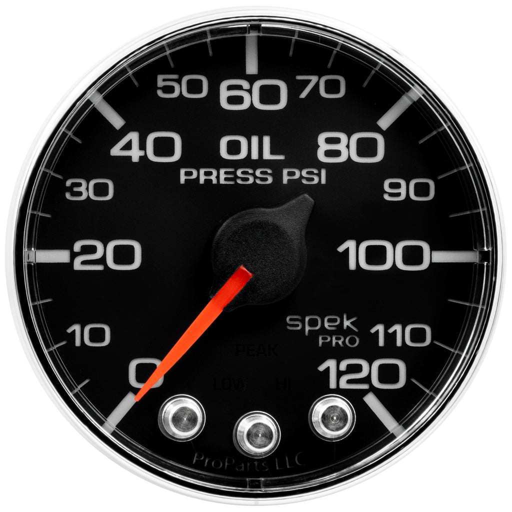 AutoMeter P325318 GAUGE, OIL PRESS, 2 1/16", 120PSI, STEPPER MOTOR W/PEAK & WARN, BLK/CHRM, SPEK
