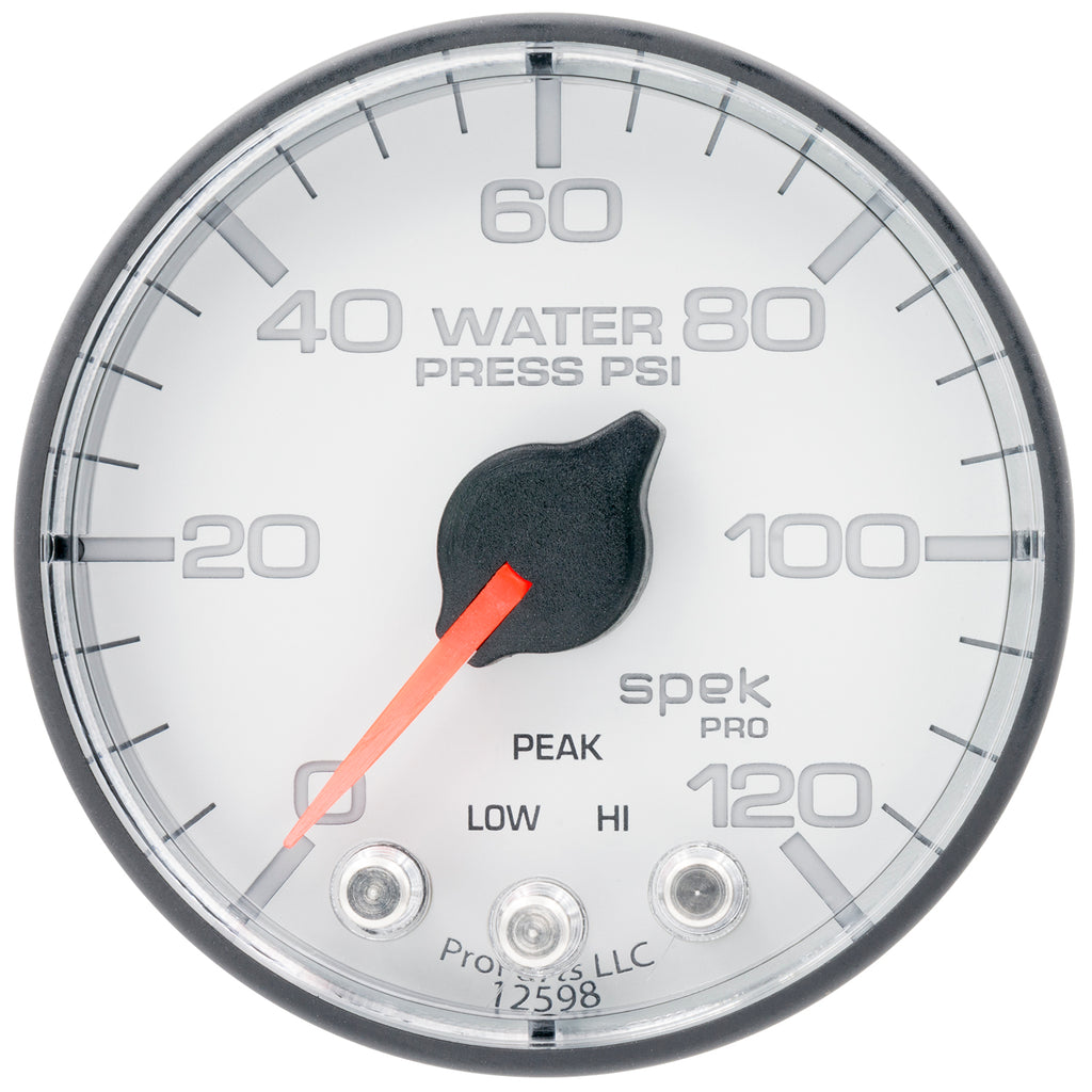 AutoMeter P345128 GAUGE, WATER PRESS, 2 1/16", 120PSI, STEPPER MOTOR W/PEAK & WARN, WHT/BLK, SPEK