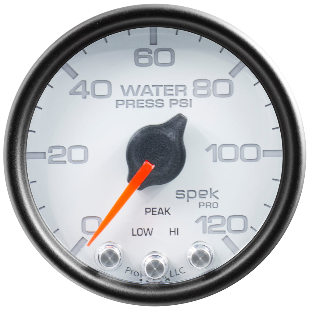 AutoMeter P34512 GAUGE, WATER PRESS, 2 1/16", 120PSI, STEPPER MOTOR W/PEAK & WARN, WHT/BLK, SPEK