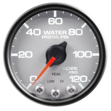 Load image into Gallery viewer, AutoMeter P34522 GAUGE, WATER PRESS, 2 1/16", 120PSI, STEPPER MOTOR W/PEAK &amp; WARN, SLVR/BLK, SPEK