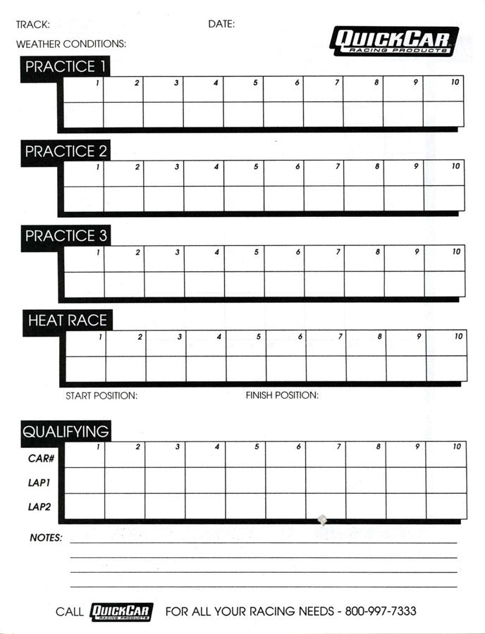 QUICKCAR RACING PRODUCTS 51-235 Time Organizer Sheets 100 Lap (50PK)