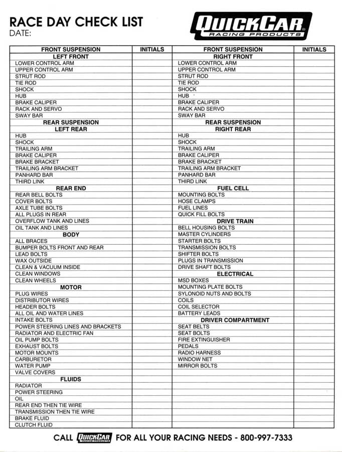 QUICKCAR RACING PRODUCTS 51-237 Race Day Check-List