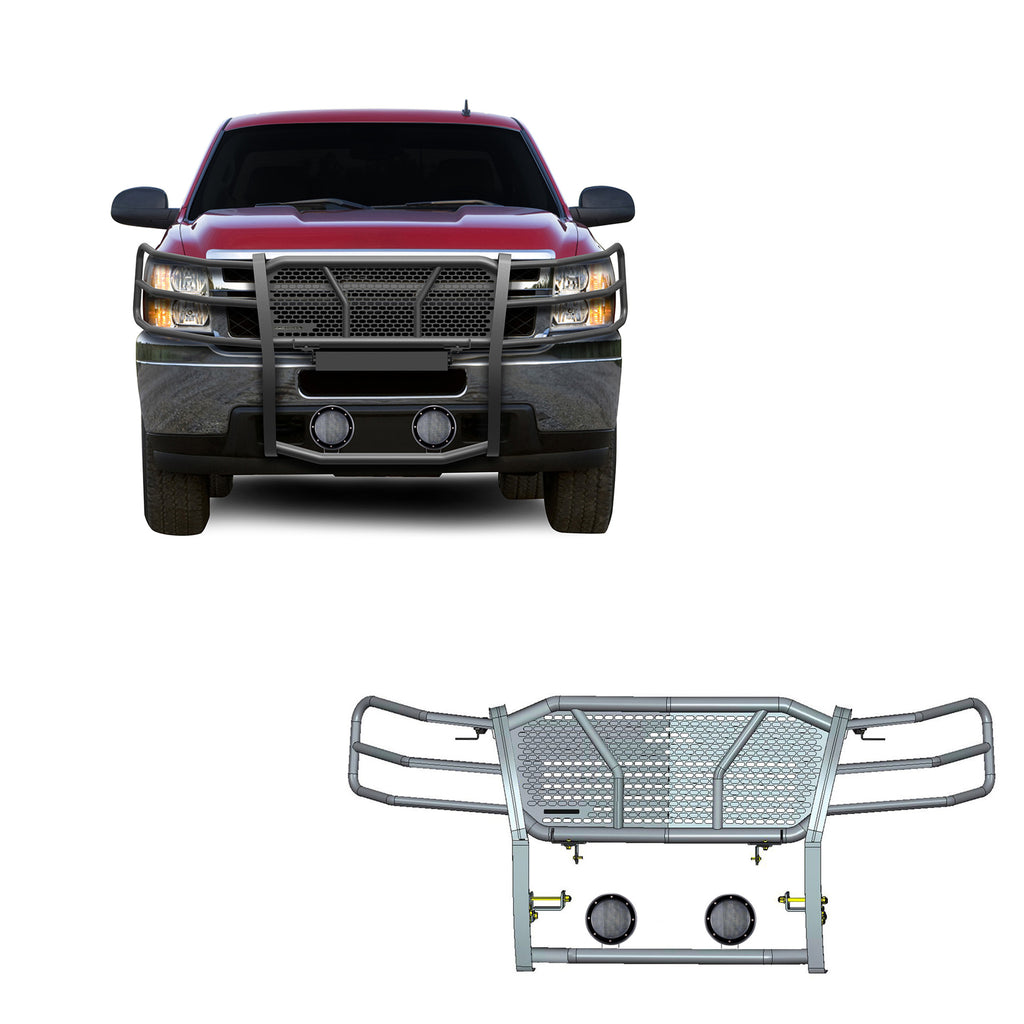 Black Horse Off Road RU-CHSI07-B-PLFB Rugged Heavy Duty Grille Guard Kit for Select Chevrolet Silverado