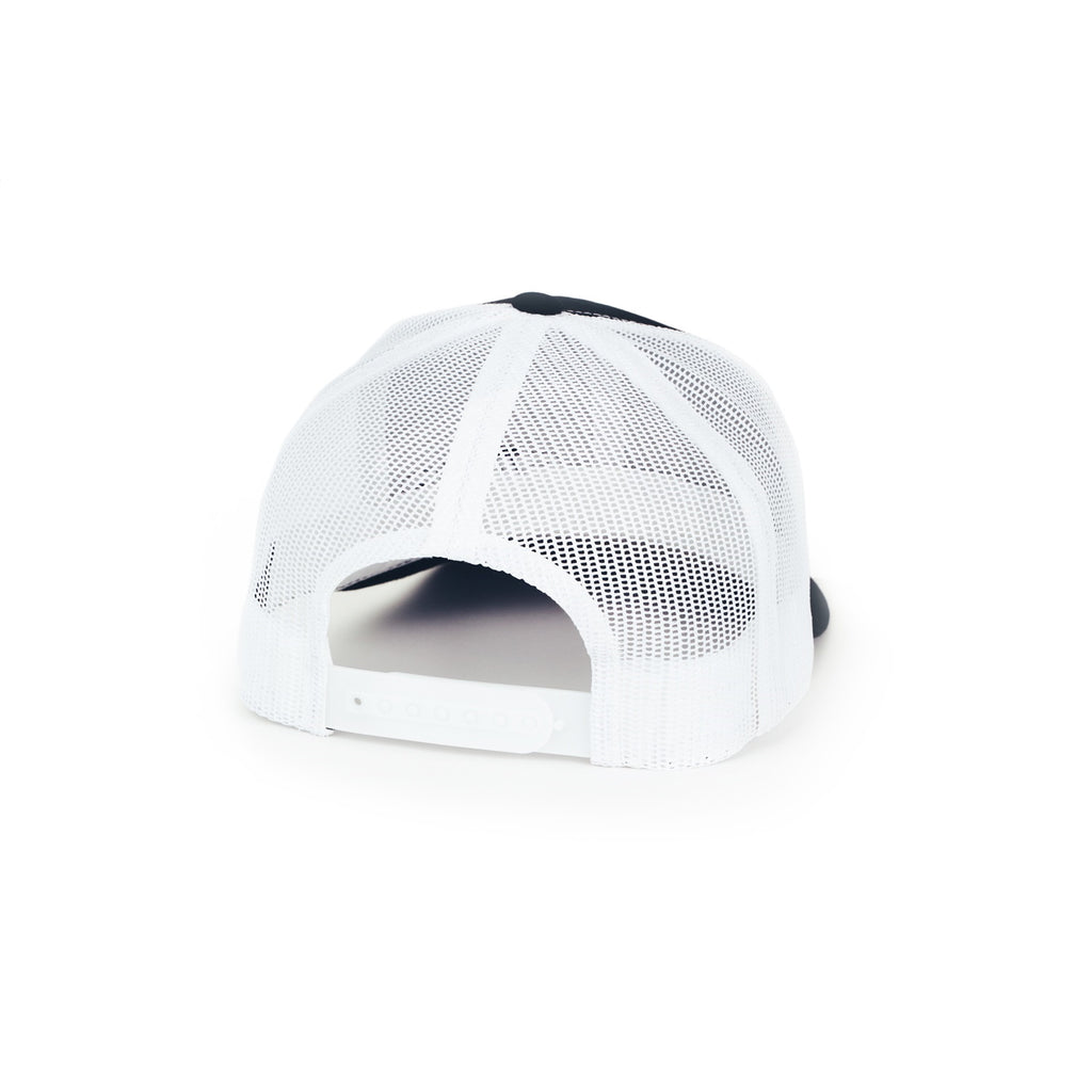 Retro-Trucker-Hat-With-Offset-Logo,-Black-Front,-White-Mesh-Snapback