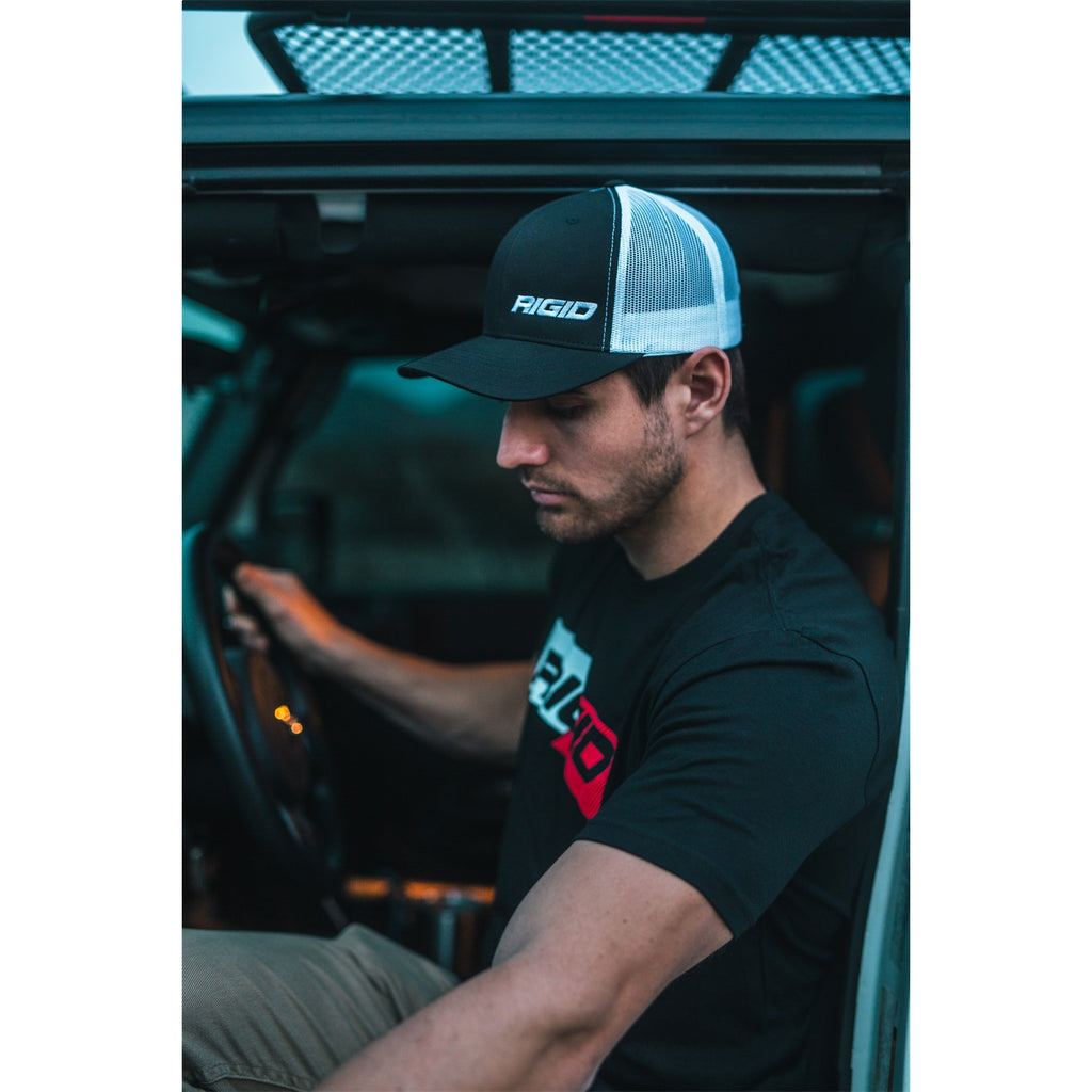 Retro-Trucker-Hat-With-Offset-Logo,-Black-Front,-White-Mesh-Snapback