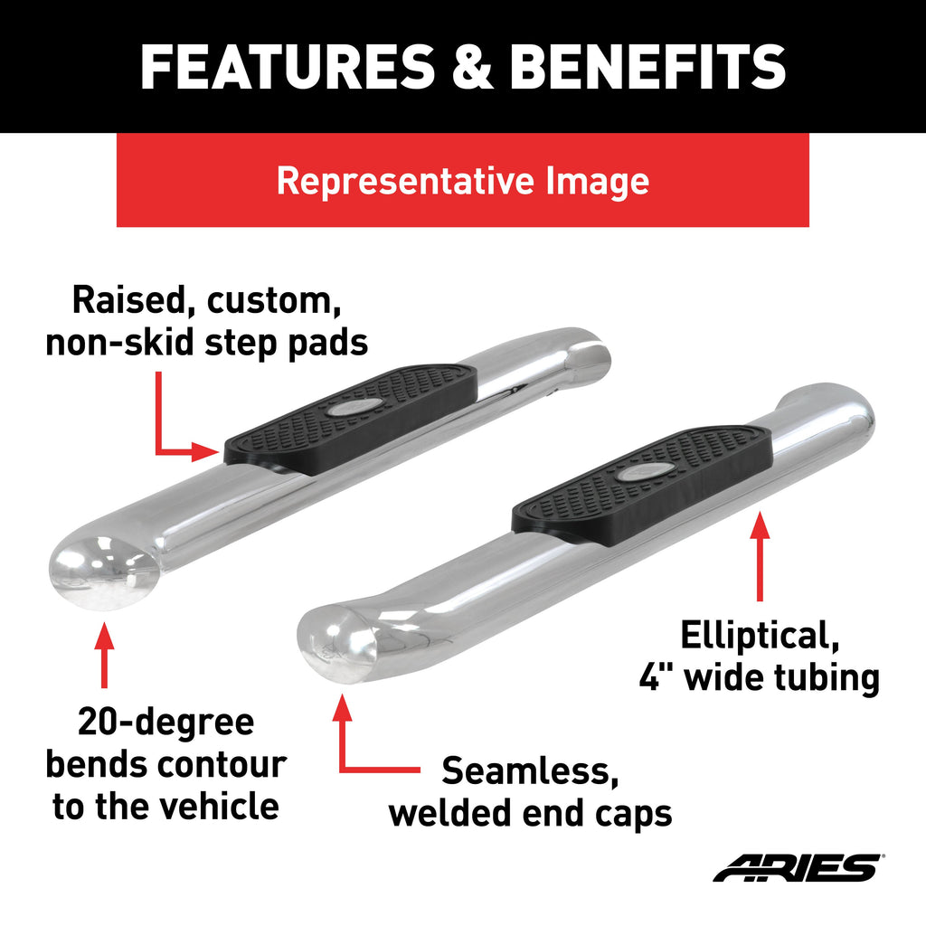 ARIES S224017-2 4in. Polished Stainless Oval Side Bars; Select Silverado; Sierra 1500; 2500; 350 - Truck Part Superstore