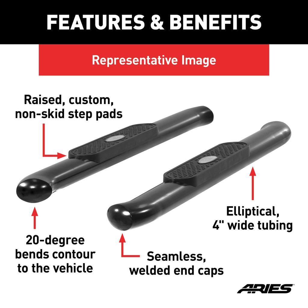 ARIES S224048 4in. Black Steel Oval Side Bars; Select Silverado; Sierra 1500; 2500; 3500 - Truck Part Superstore