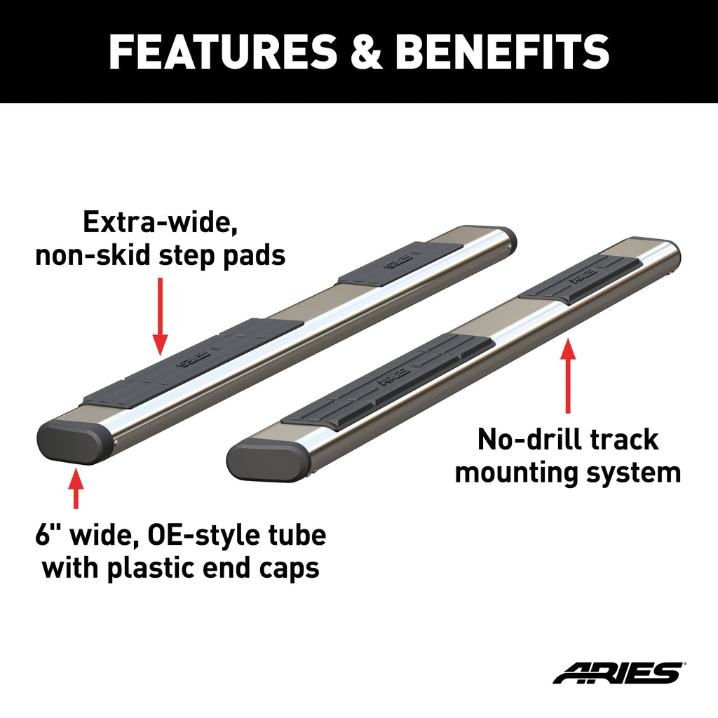 ARIES S2885 6in. x 85in. Polished Stainless Oval Side Bars (No Brackets) - Truck Part Superstore